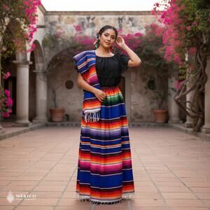 Traditional Mexican Sarape Dress Set, 3 Piece Outfit with Blouse, Skirt & Rebozo